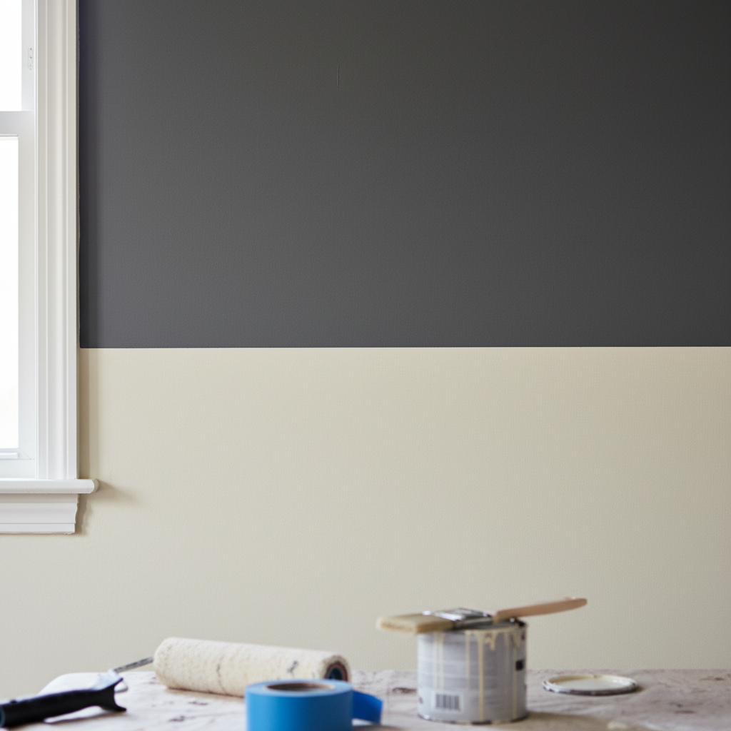 Close-up showing perfectly crisp paint lines on two tone wall