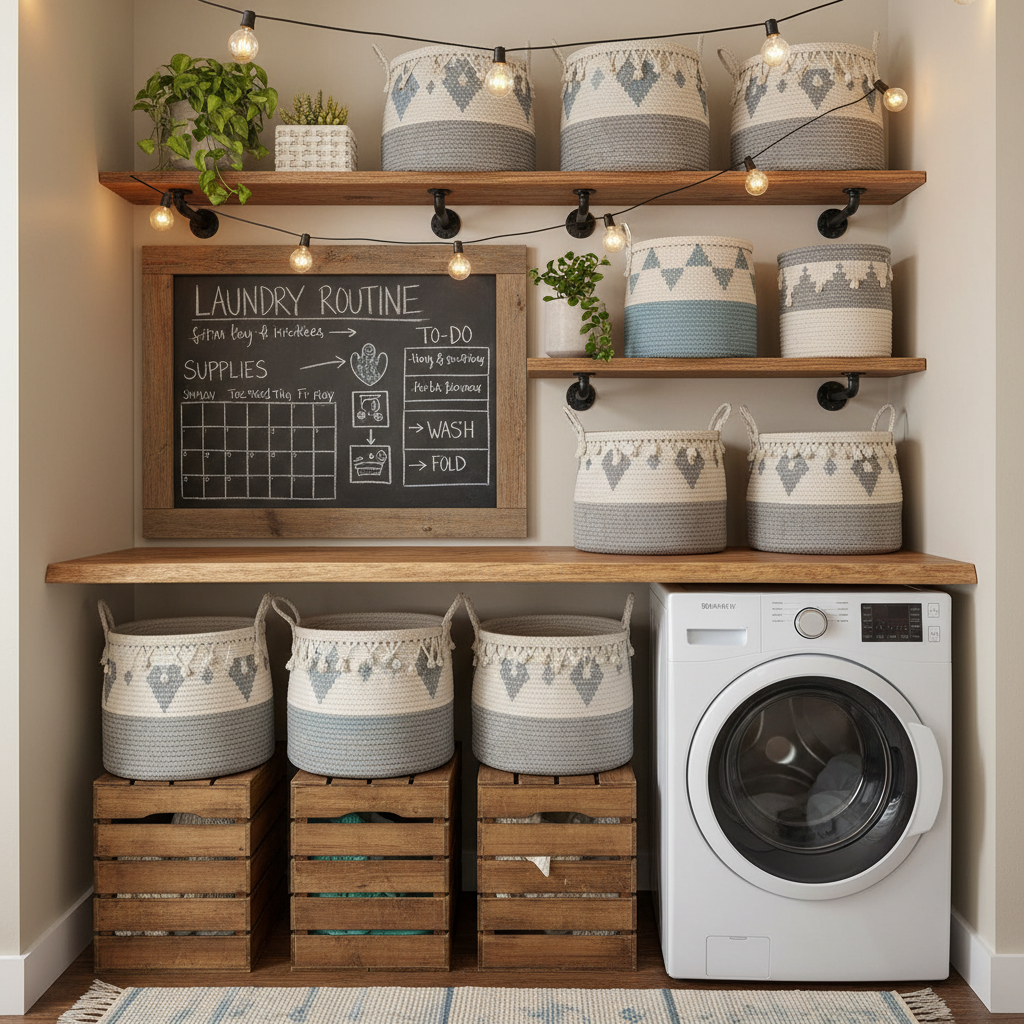 DIY laundry area with handmade shelving, customized storage baskets, and organizational board