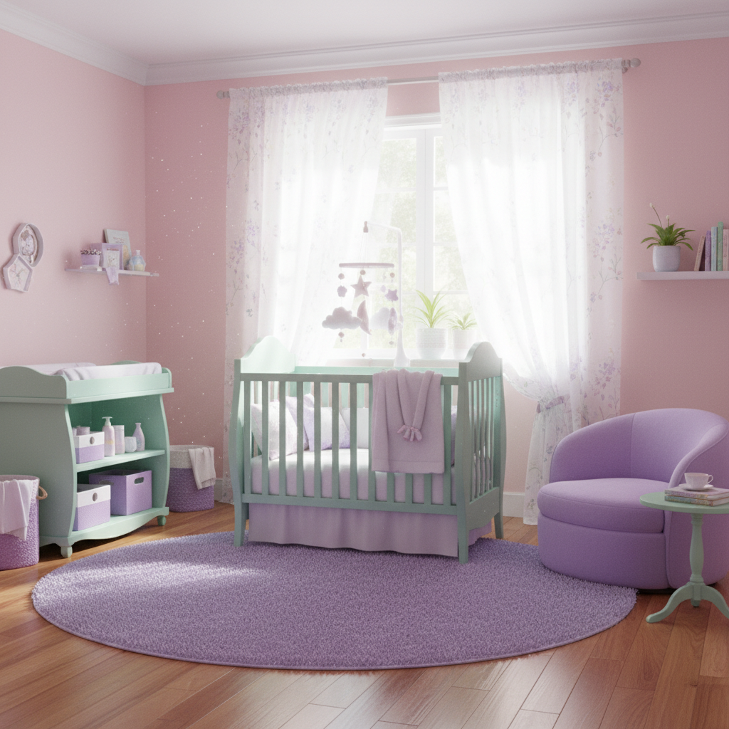Soft nursery with blush pink walls, lavender details, and mint green furniture