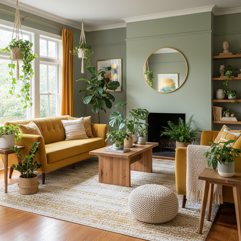 Warm living room with sage green walls, golden accents, wood furniture, and plants