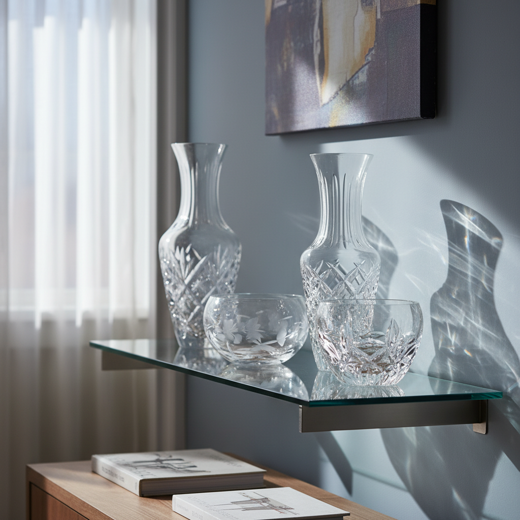 Collection of crystal vases and bowls on glass shelf demonstrating light refraction and elegant designs