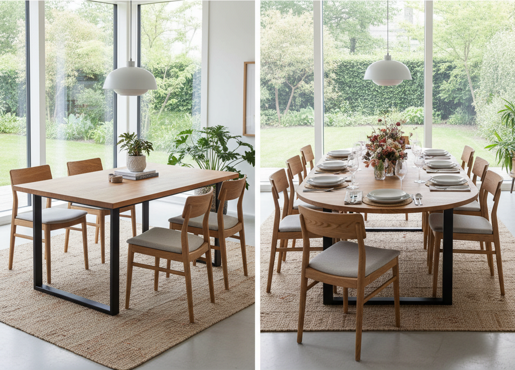 A dining table that transforms from compact everyday size to extended dinner party size