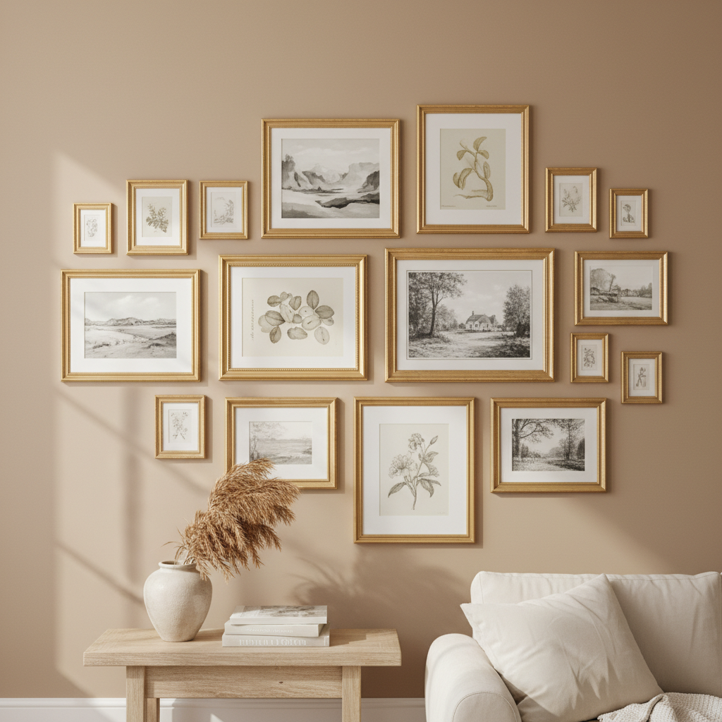 Gallery wall displaying various artwork in polished gold frames of different sizes