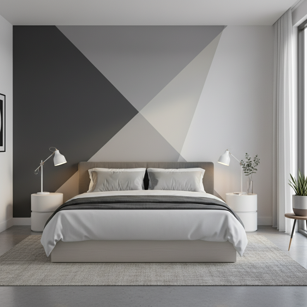 Modern bedroom featuring geometric gray and white color block wall