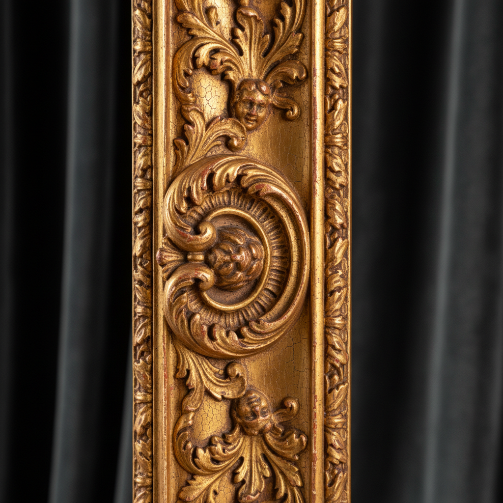 Detailed view of gilded picture frame showing intricate gold leaf work and luxurious craftsmanship