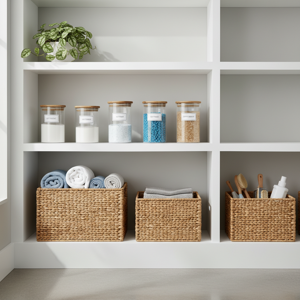 Organized laundry supplies in clear storage containers and woven baskets on open shelves