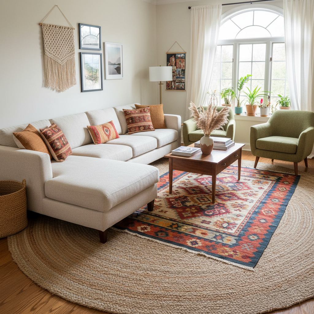 Natural jute rug topped with colorful geometric kilim rug in bohemian living room with modern boho styling