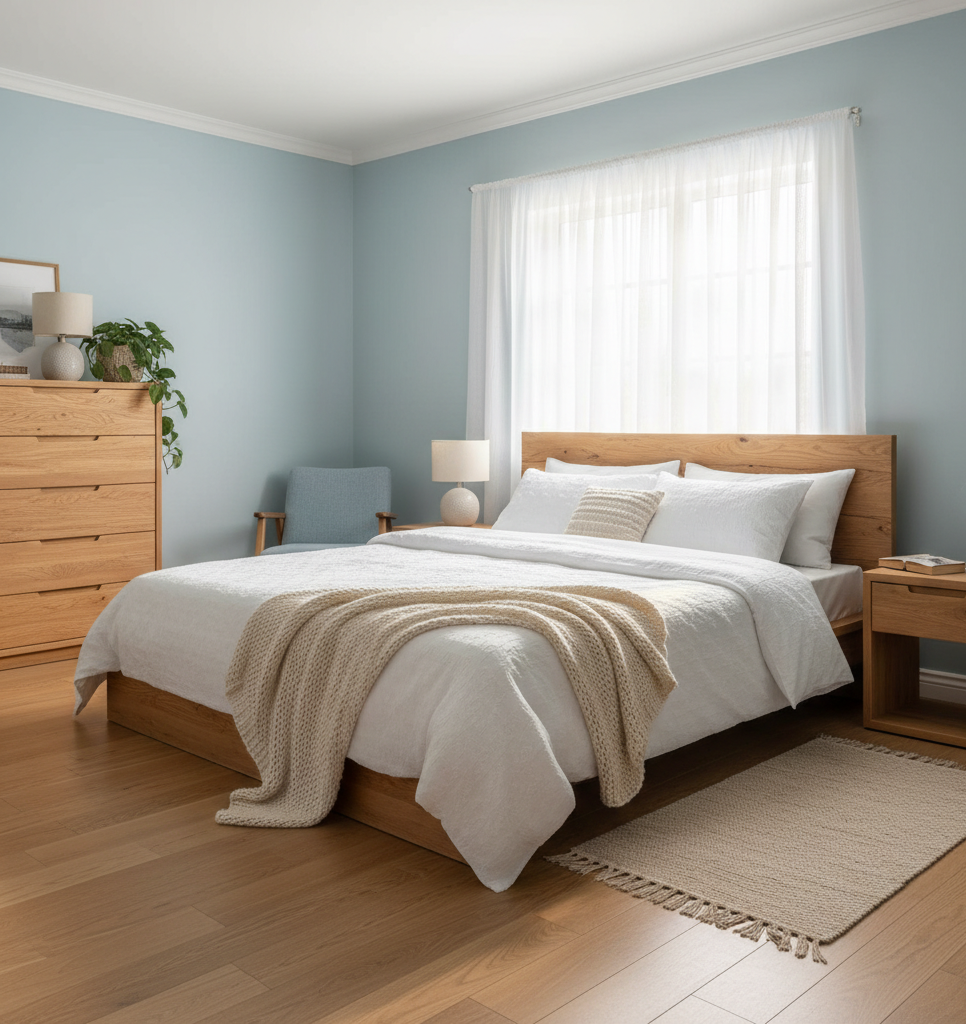 Light blue bedroom walls with white bedding and wood furniture for peaceful sleep colors