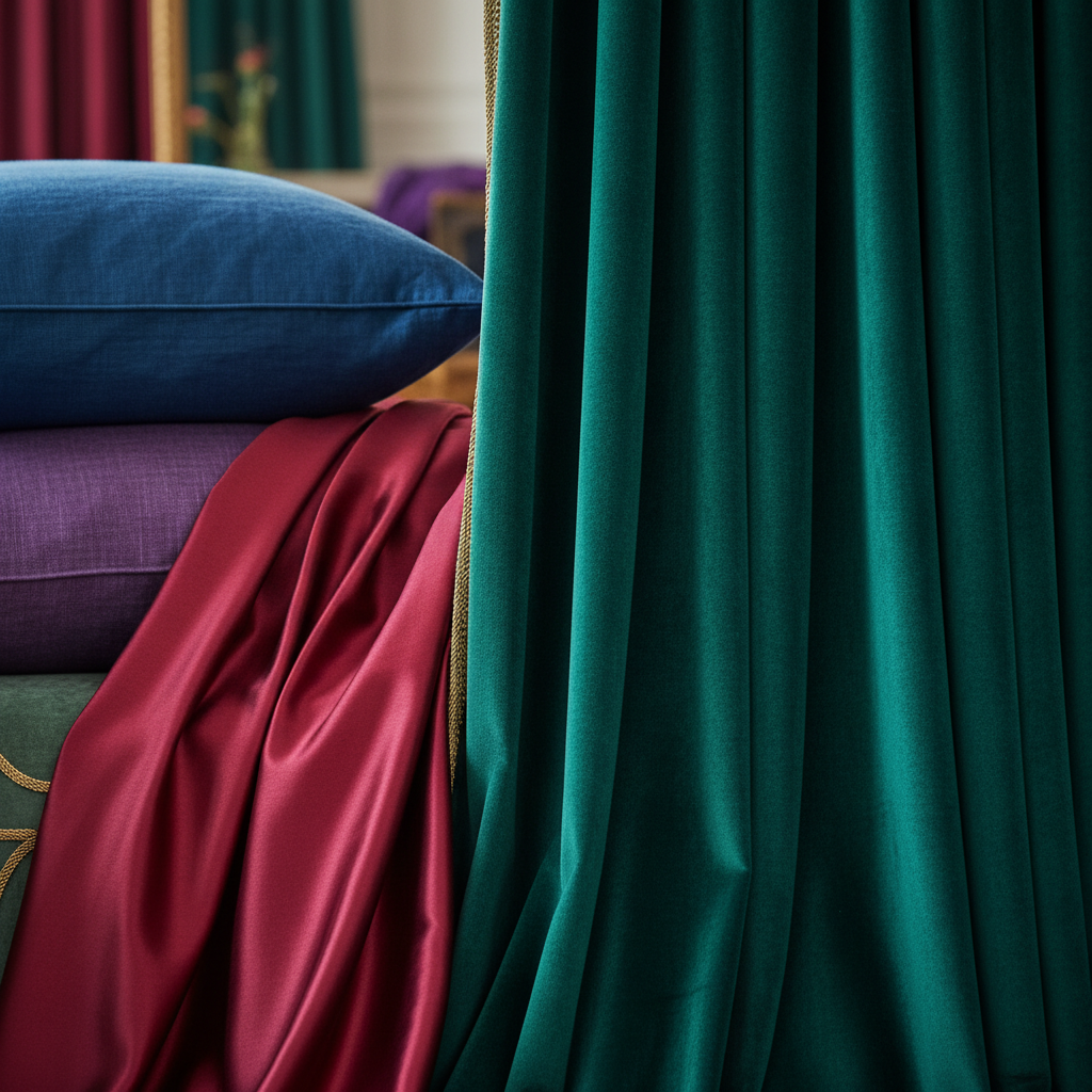 Close-up of velvet, linen, and silk fabrics in jewel tones for elegant home styling