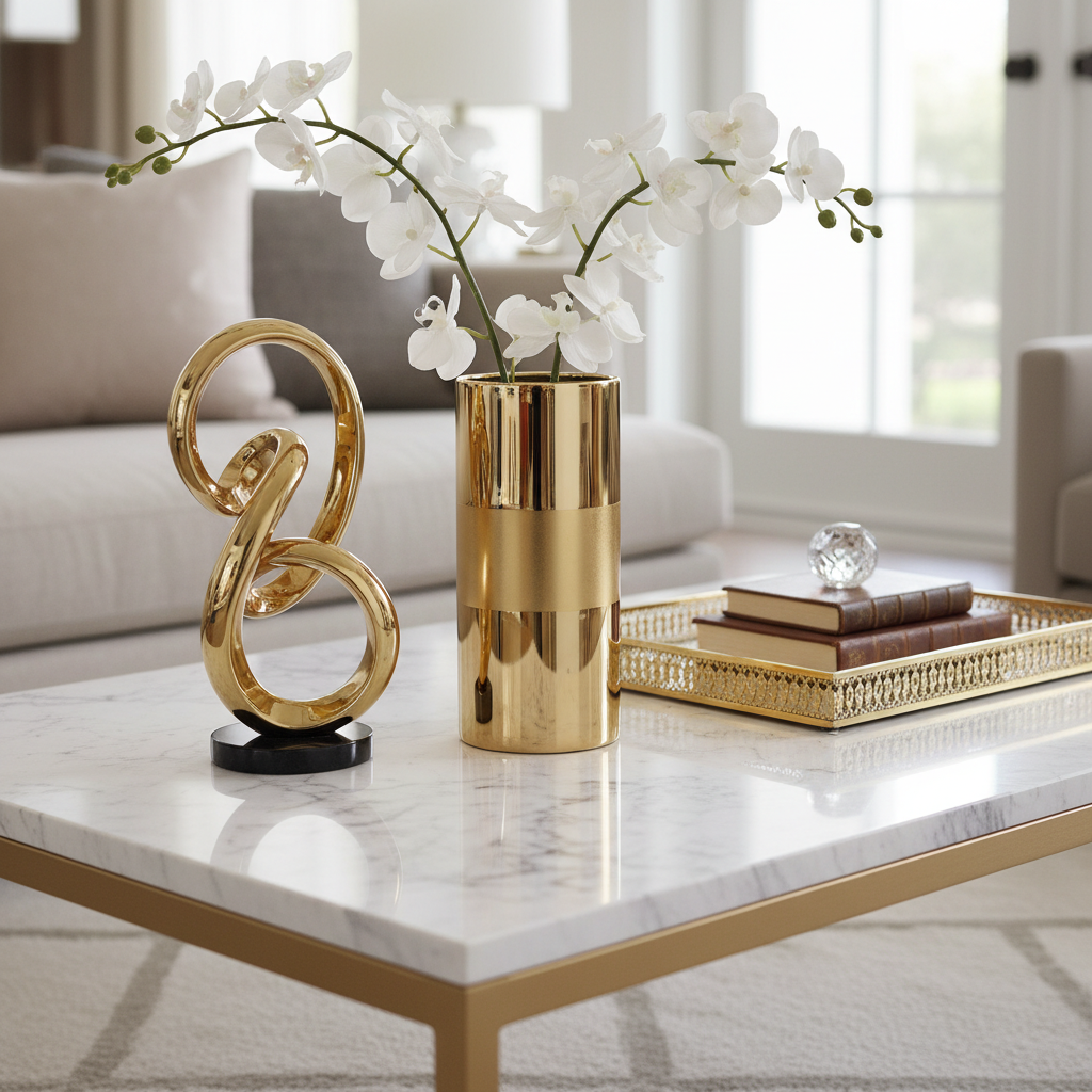 Collection of polished gold vases and decorative objects on marble table