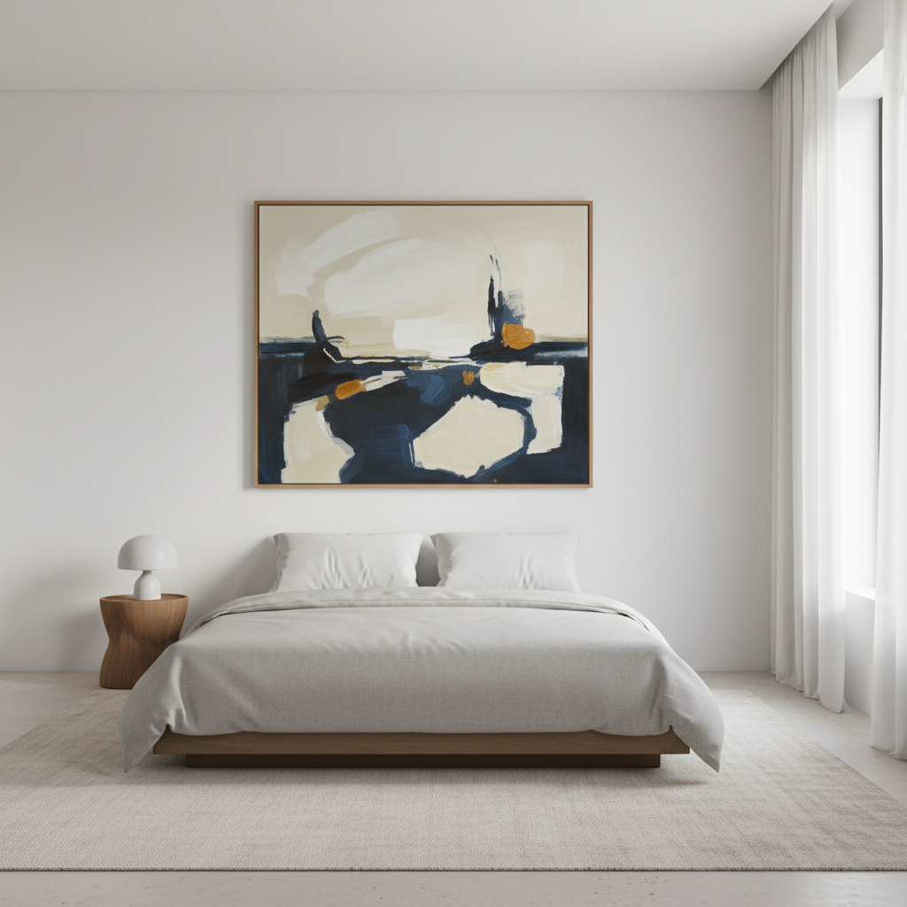 Single abstract artwork hanging above minimalist bed serving as room's main focal point