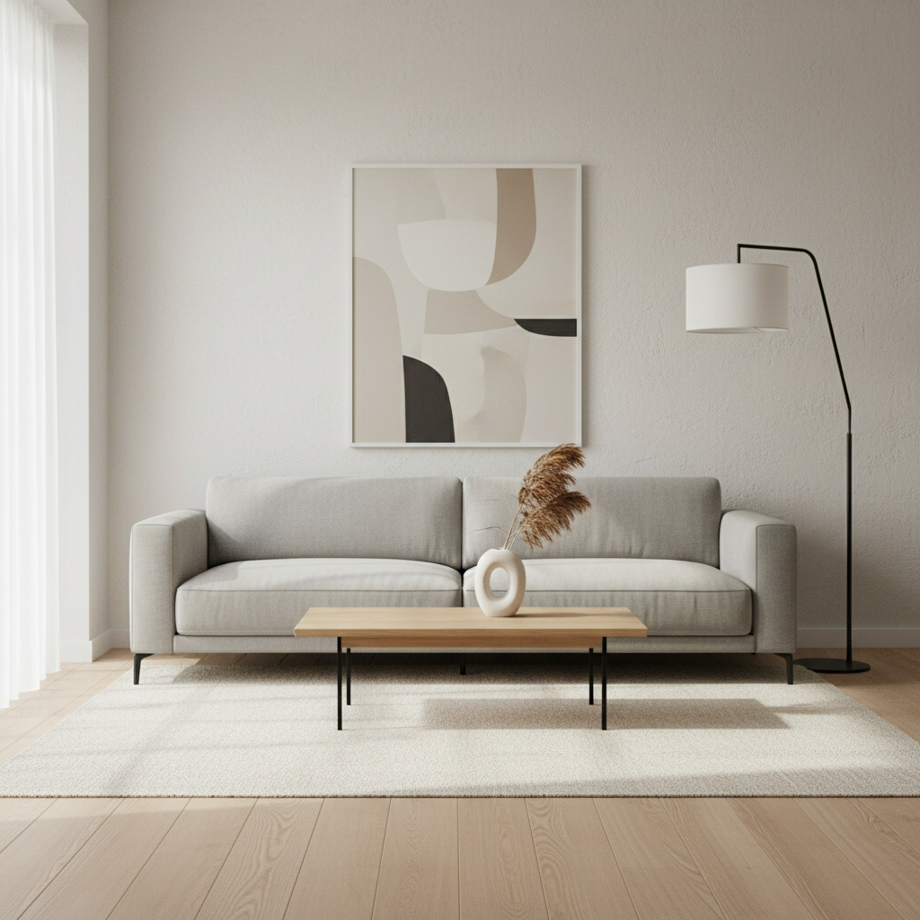 Simple living room with clean-lined sofa, coffee table, and floor lamp in neutral tones