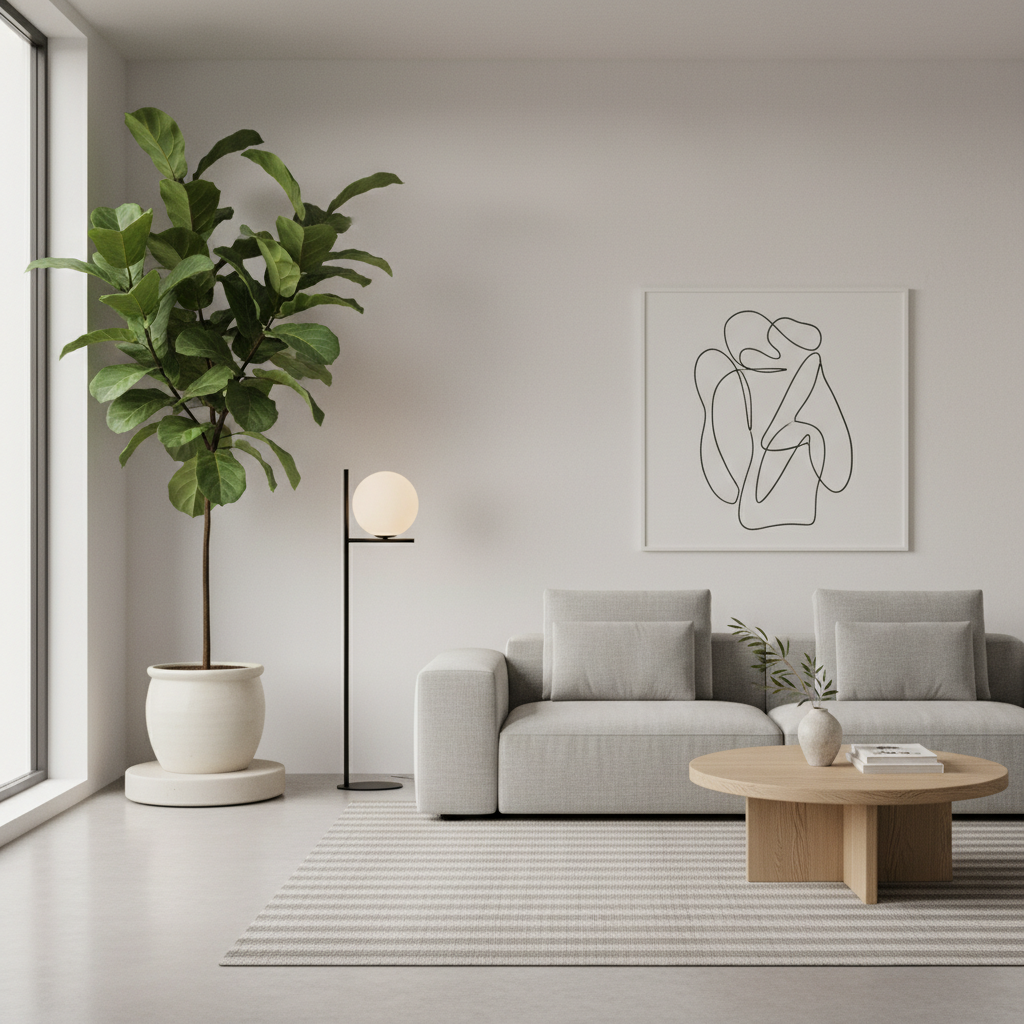 Large potted plant in corner bringing natural freshness to clean minimalist living room design