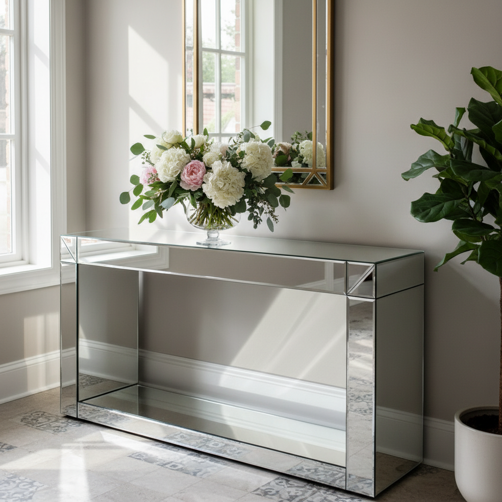 Mirrored console table reflecting natural light and expanding entryway space with elegant styling