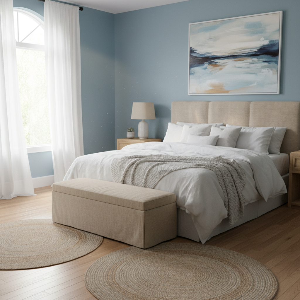 Calming bedroom with soft blue walls, white bedding, and beige coastal accents for peaceful home interiors