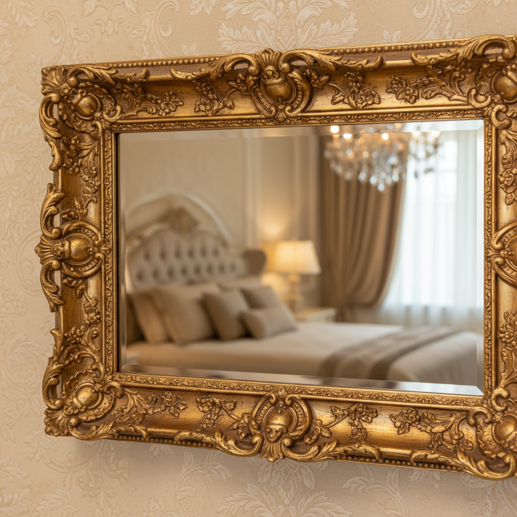 Large ornate gold mirror with detailed frame reflecting bedroom interior