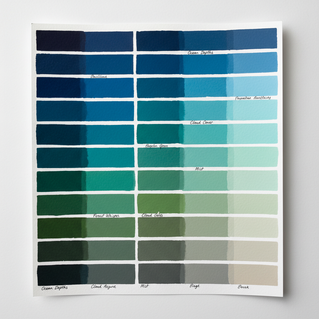Paint swatches in calming blue, green, and gray bedroom colors