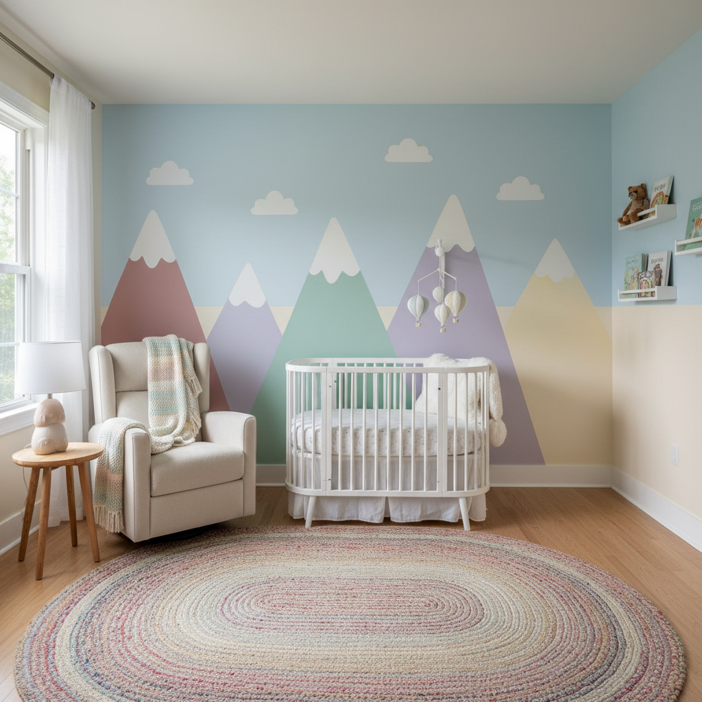 Nursery with whimsical pastel mountain range two tone wall design