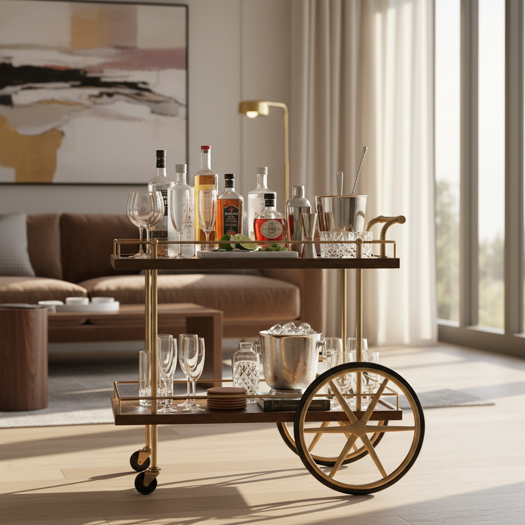A mobile bar cart with drinks and glassware ready for entertaining