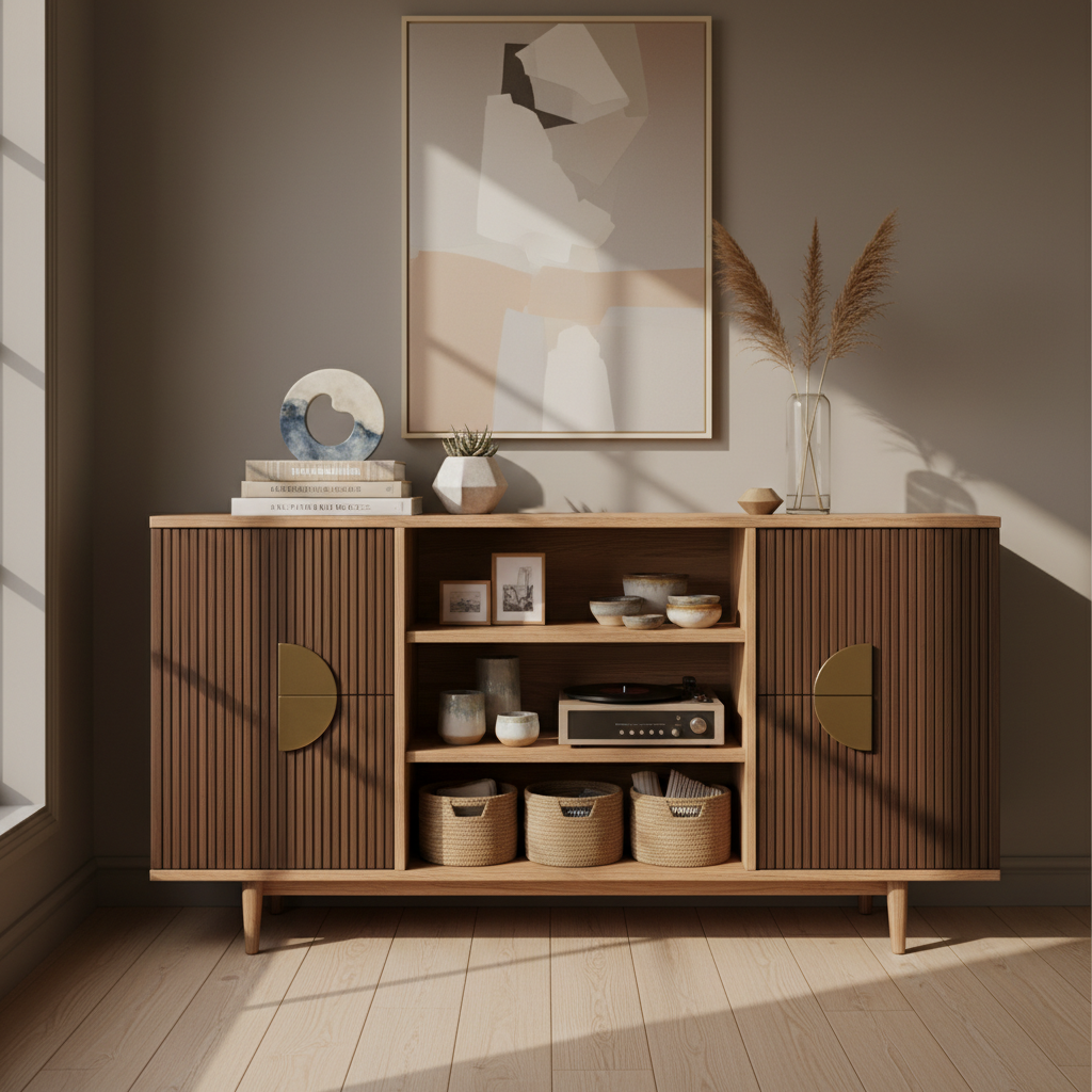 A functional sideboard with both storage and display space for dining essentials