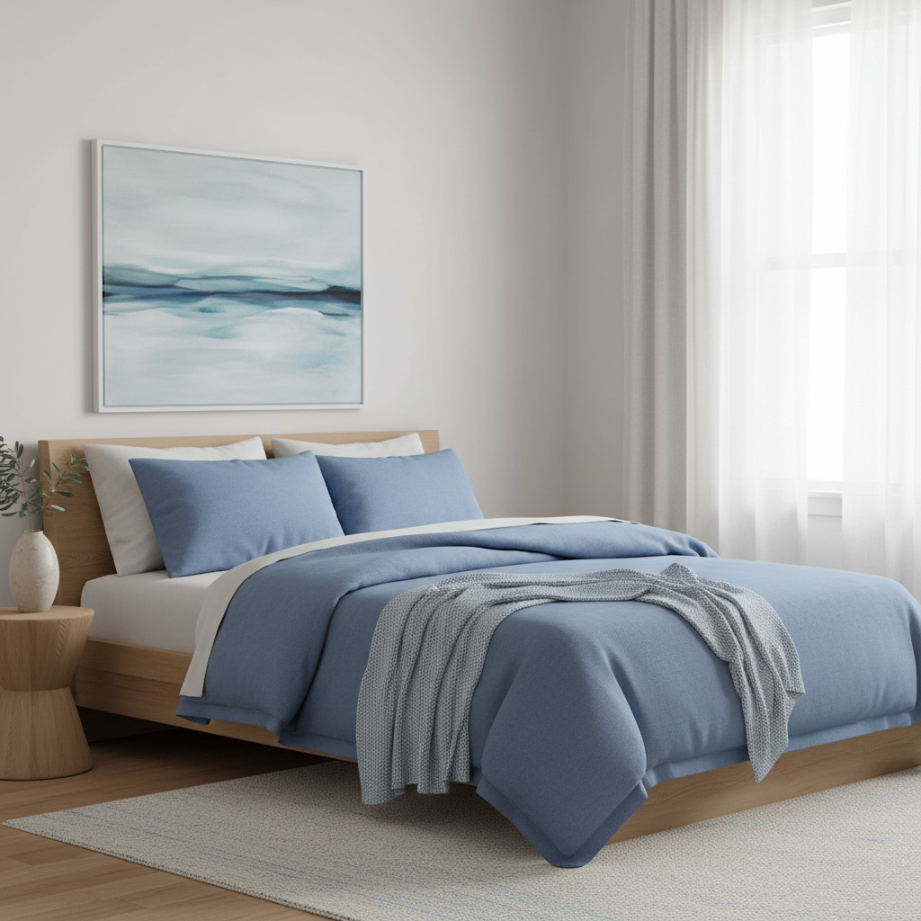 Neatly made bed with soft blue duvet, shams, and throw in minimalist bedroom