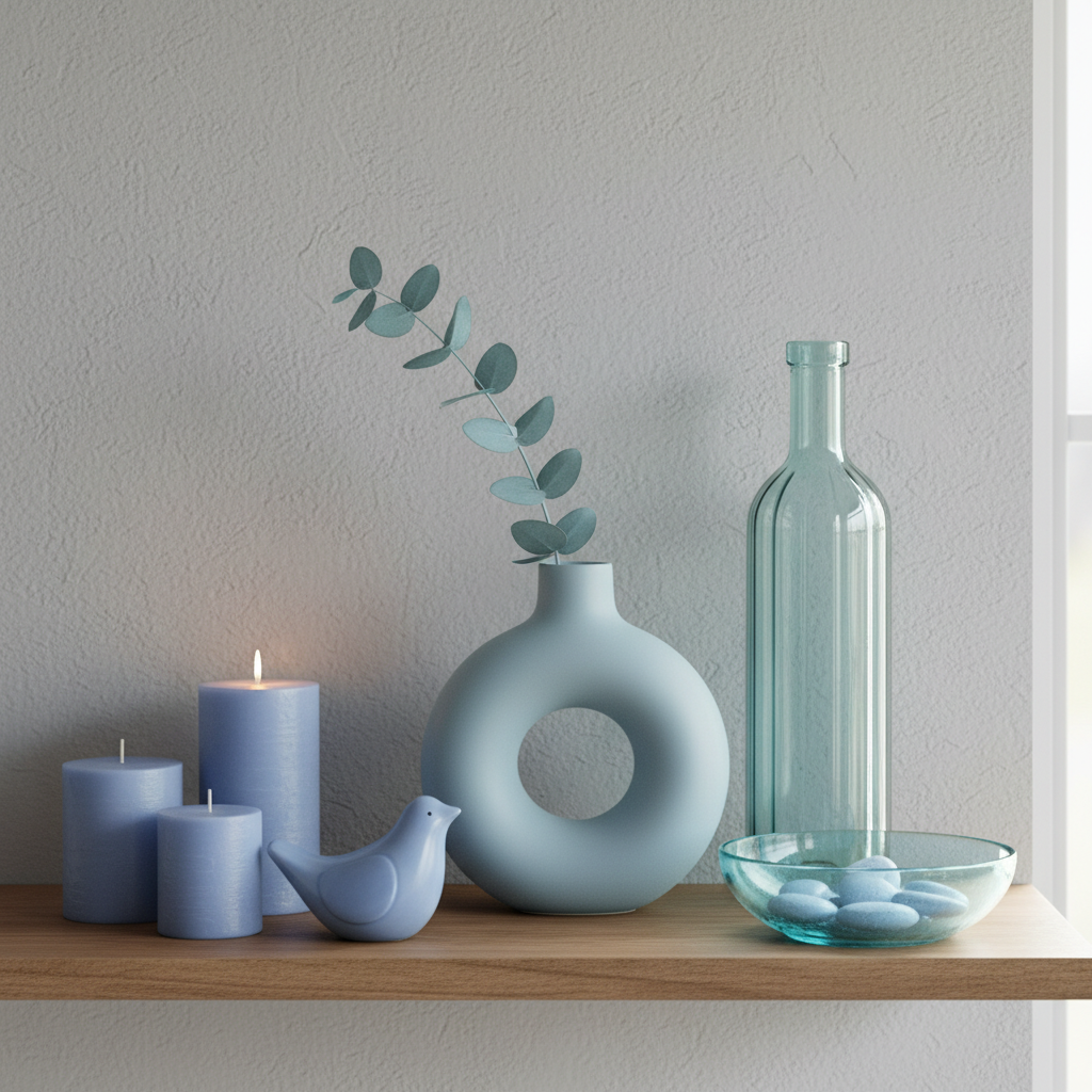 Shelf display of soft blue vases, candles, and decorative objects arranged artfully