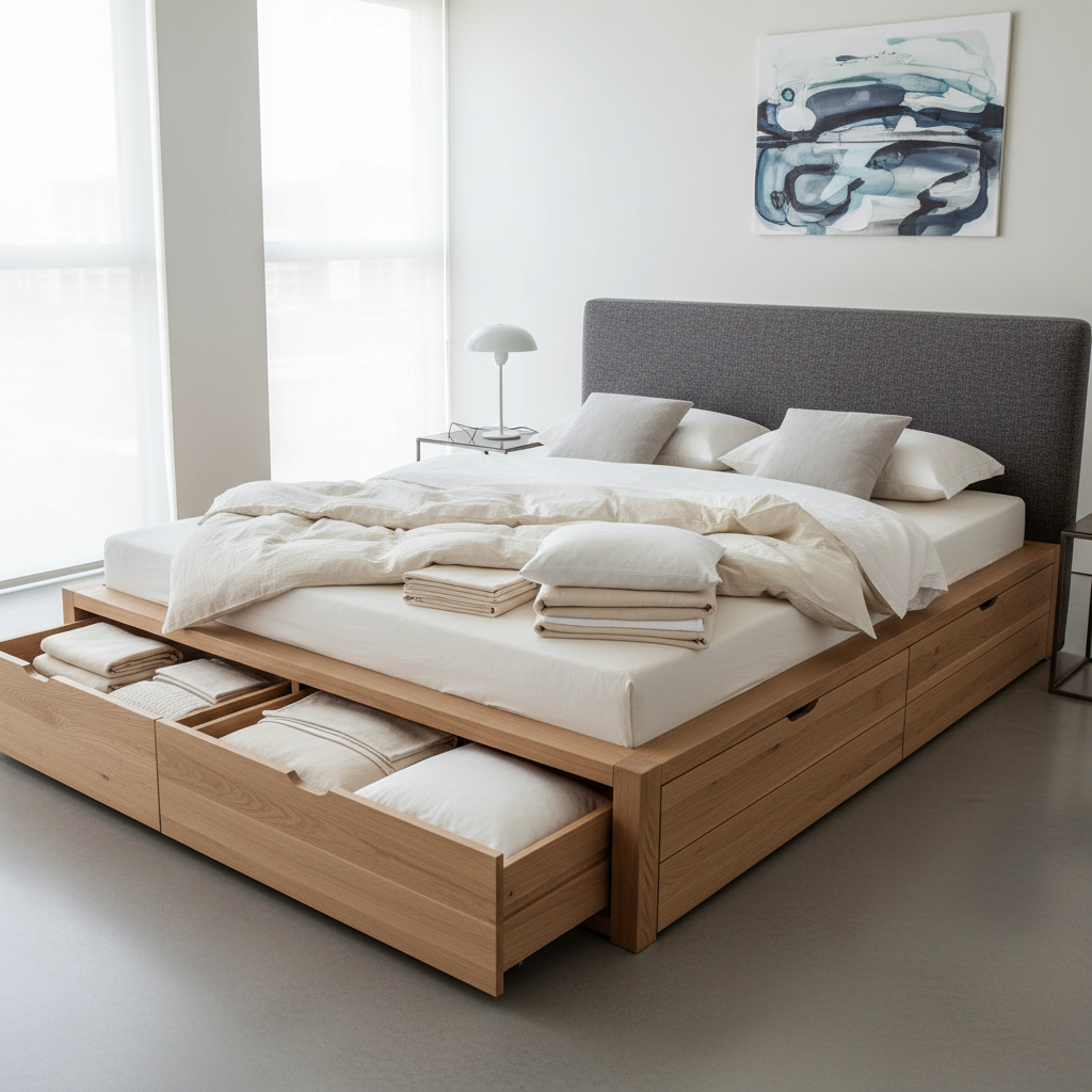 Platform bed featuring built-in storage drawers for organizing small bedroom spaces