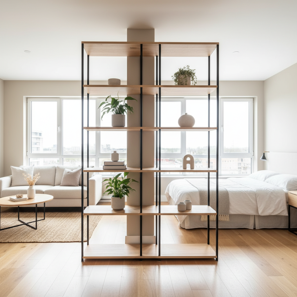 Bookshelf room divider creating separate zones while maintaining light flow for compact apartment living