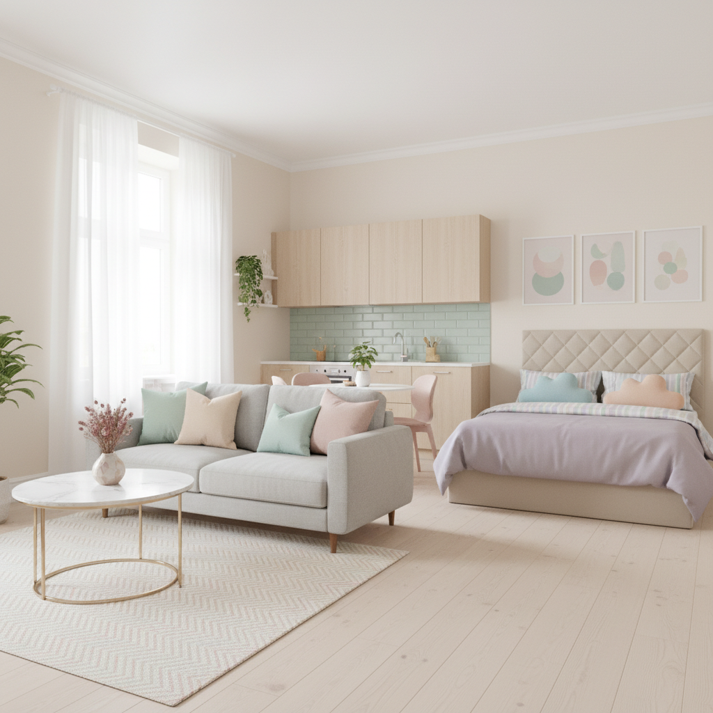 Light-colored studio with pastel accents and neutral palette creates an airy and inviting ambiance