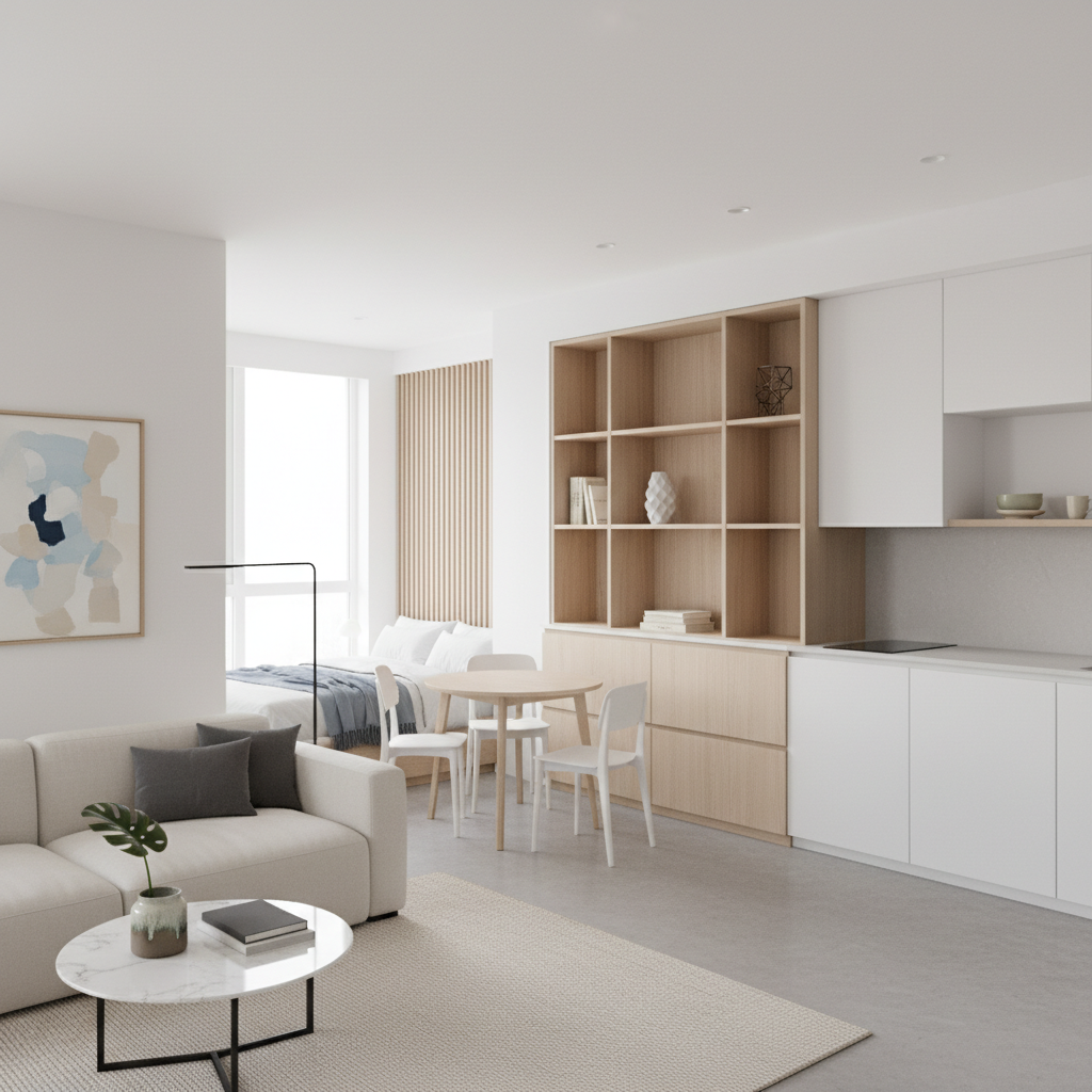 Clean and uncluttered studio with minimalist decor creating a calm ordered space for relaxation