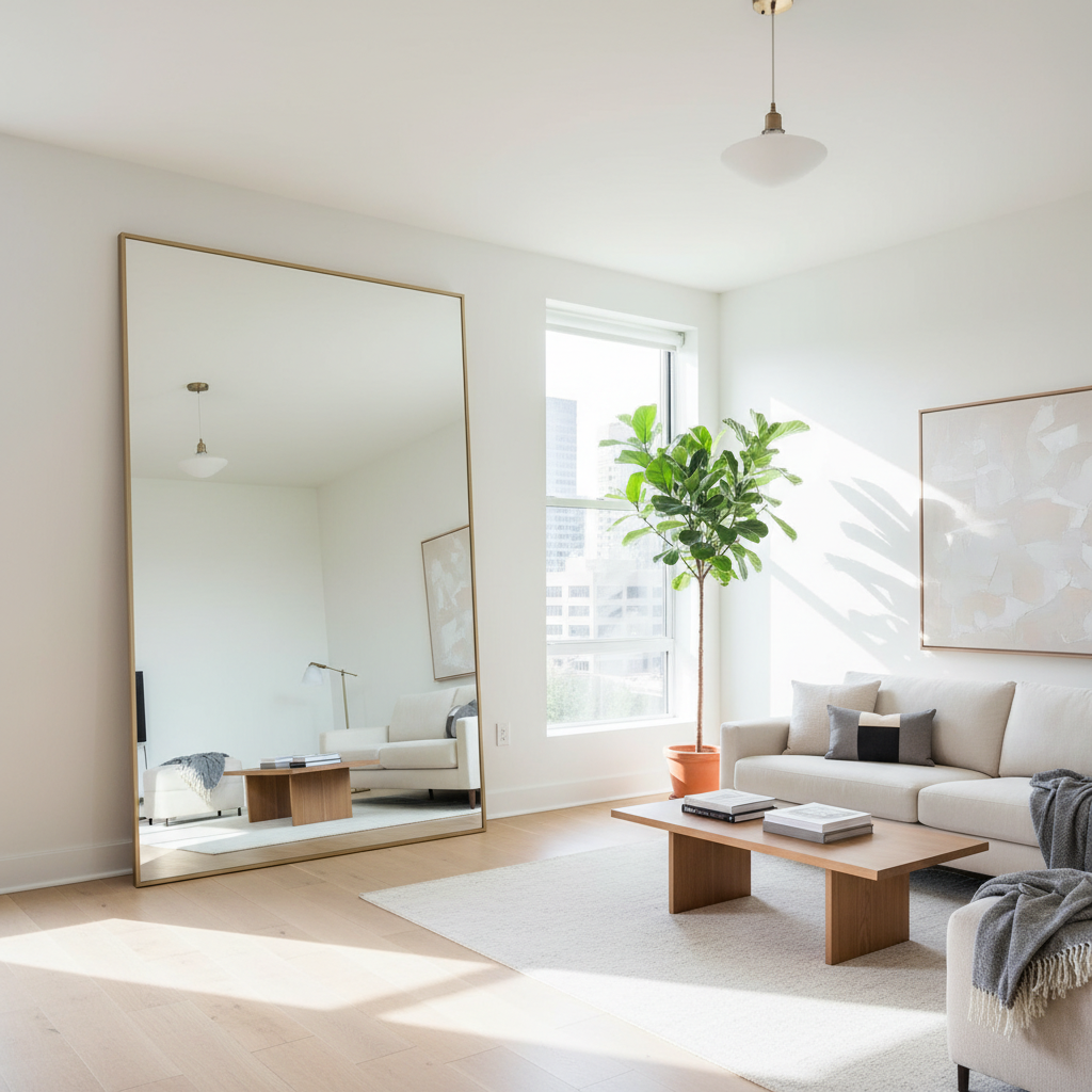 Studio apartment featuring a large mirror that enhances light and gives the impression of bigger space