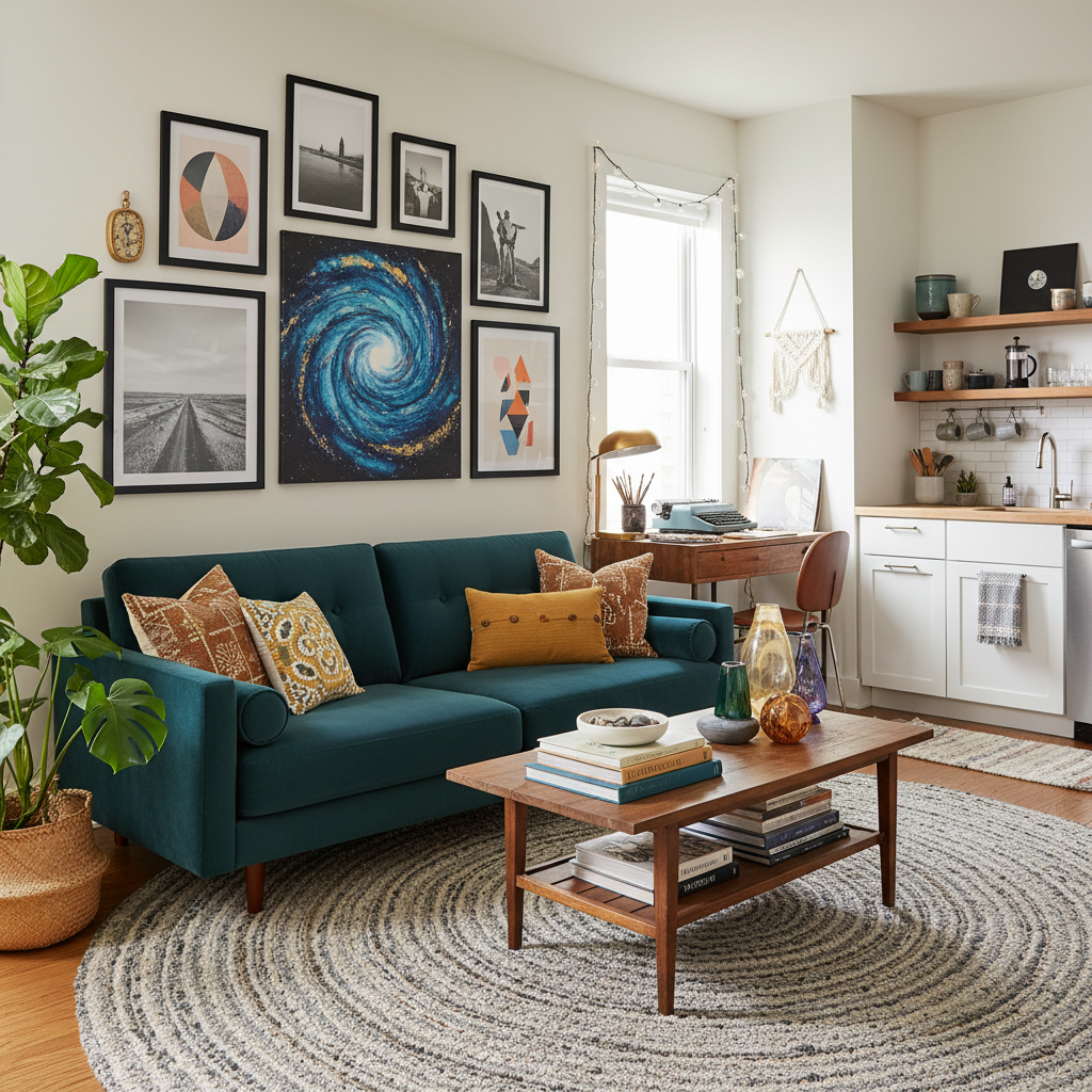 Well-styled studio with artwork and plants reflecting the owners personality with cohesive décor