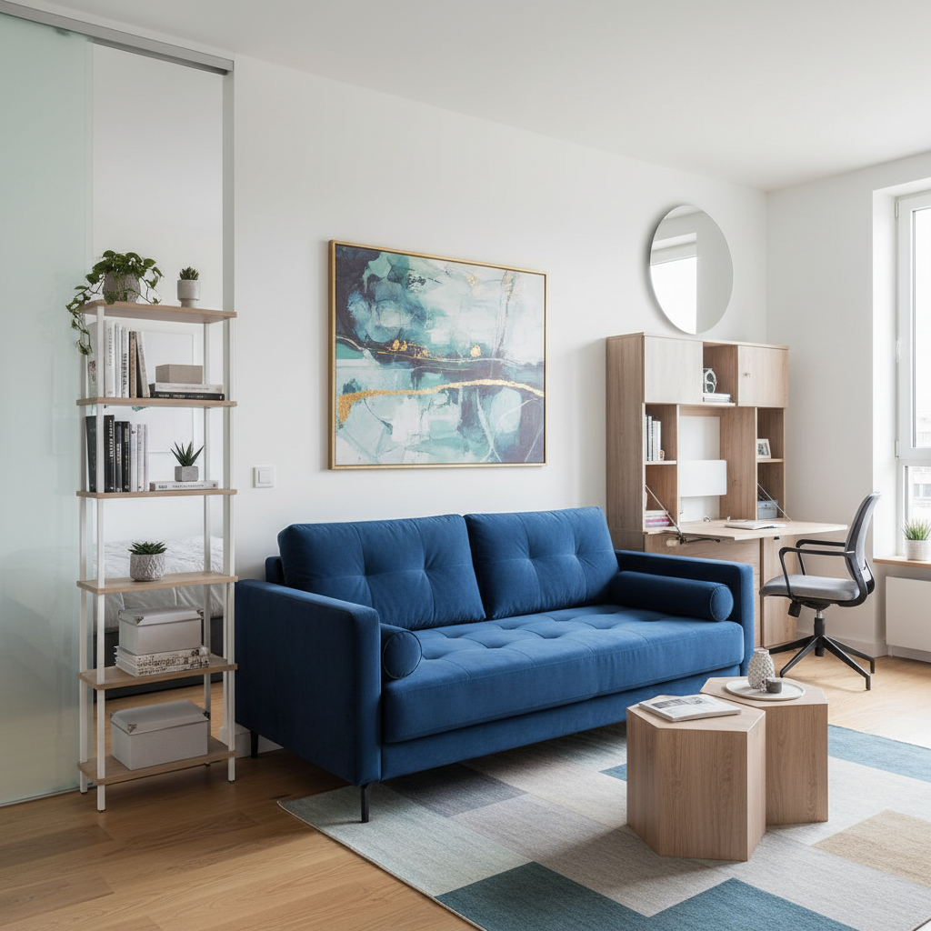 Modern sofa bed in a studio showcasing space-saving design that transitions from seating to sleeping