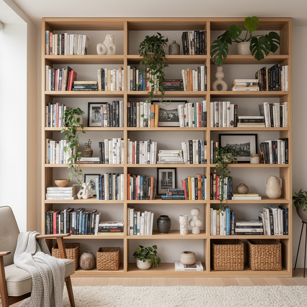 Floor-to-ceiling shelving maximizes storage in a small apartment with books and décor arranged