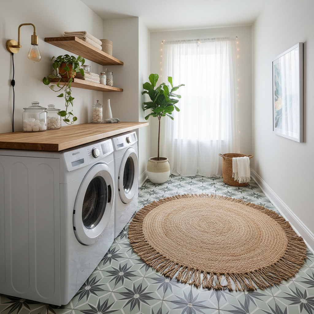 Designed laundry space featuring patterned tiles, greenery, and ambient lighting fixtures