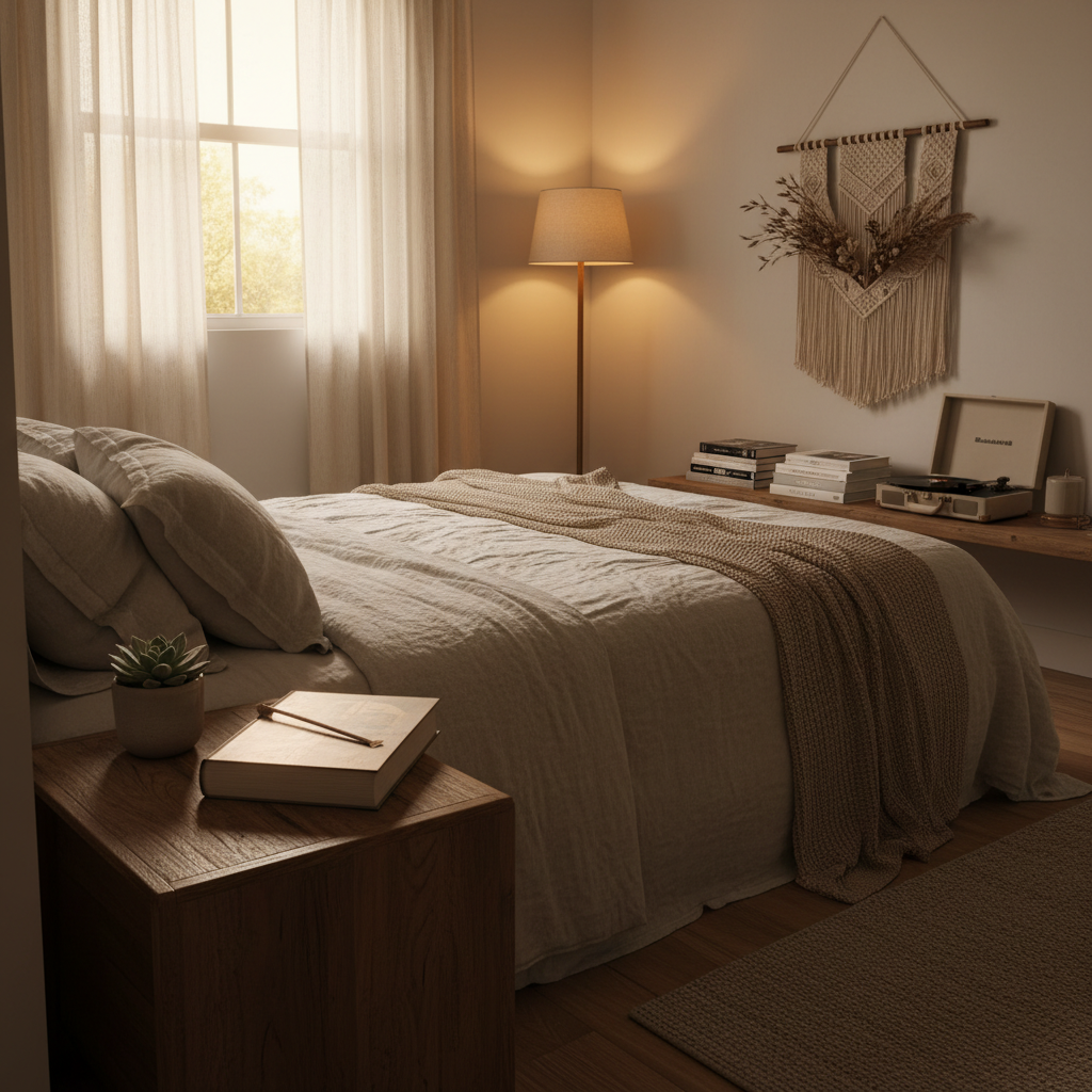 Peaceful bedroom without electronic devices featuring books and soft lighting