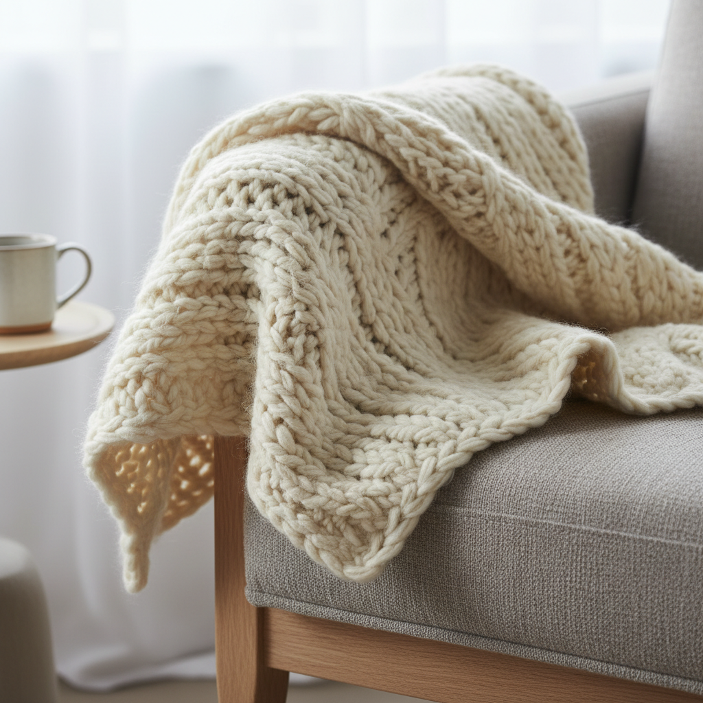 Chunky knit throw blanket draped over simple armchair showing textural warmth and comfort
