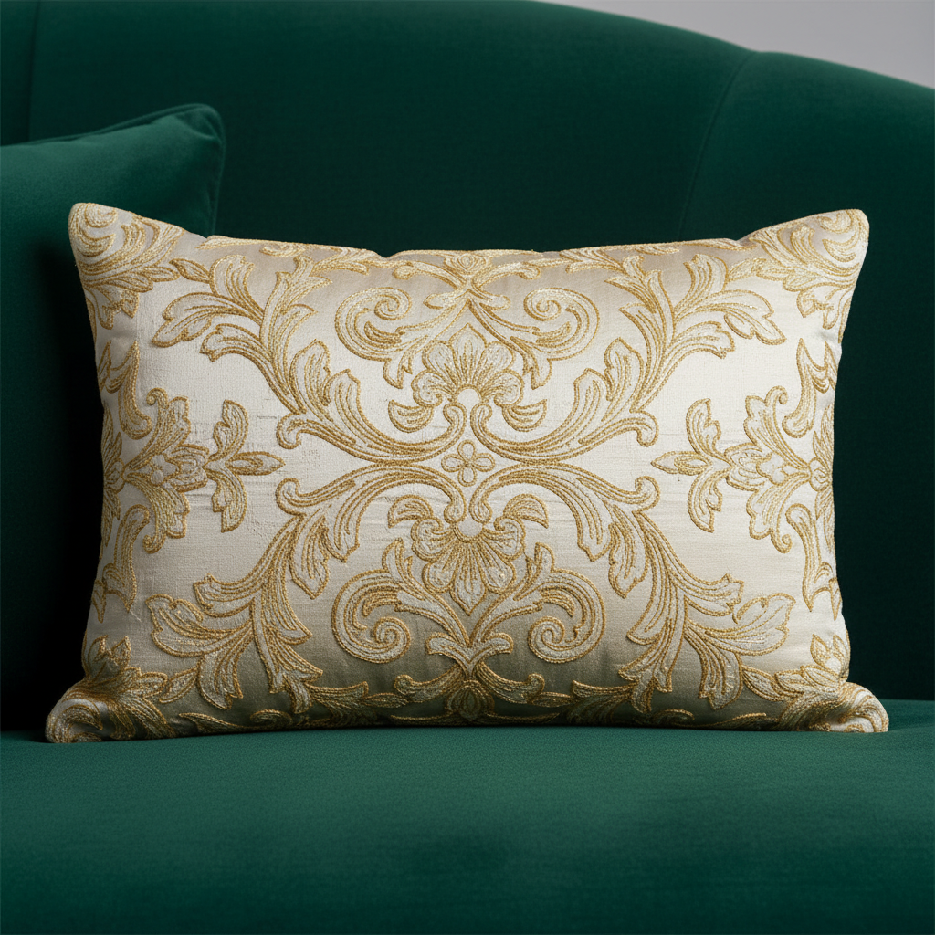Throw pillow with detailed gold thread embroidery on velvet sofa