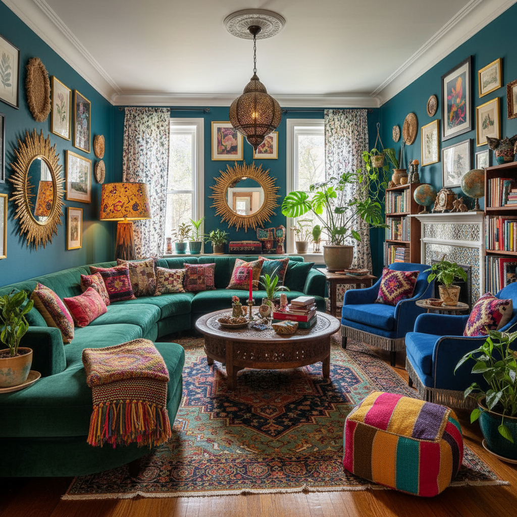 Eclectic living room with emerald sofa, sapphire accents, and ruby red textiles