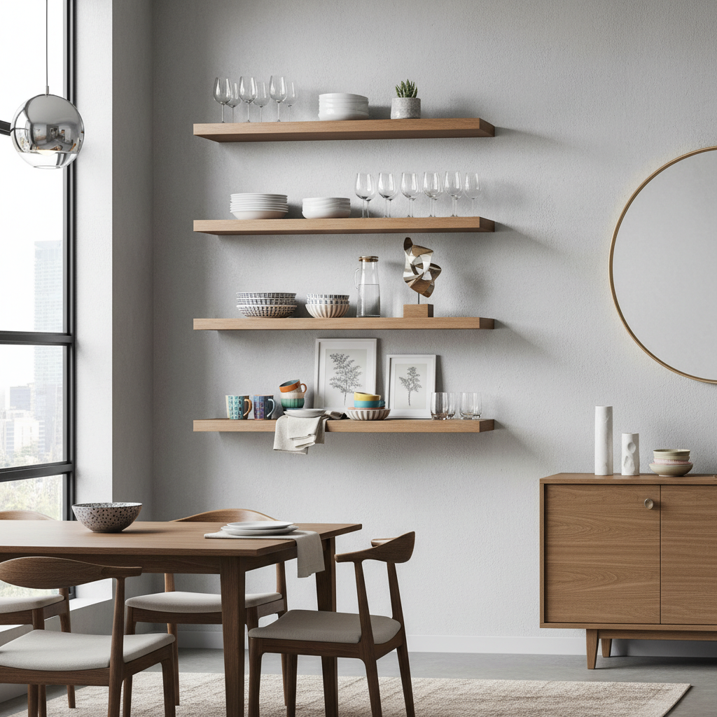 Floating shelves displaying dishes and glassware in a dining room for space-efficient storage