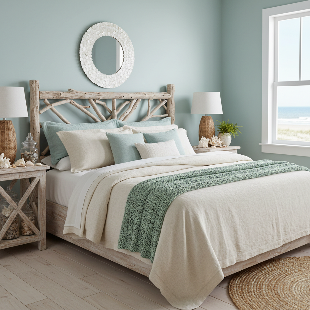 Coastal bedroom with white linen bedding weathered wood headboard and minimal accessories for serene coastal living