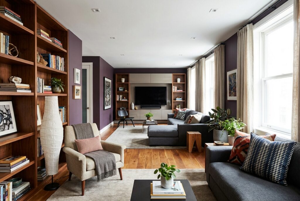 A narrow living room split into sofa area and library corner with separate rugs