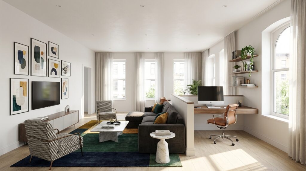 A long modern living room with neutral colors and two separate functional areas for small space design