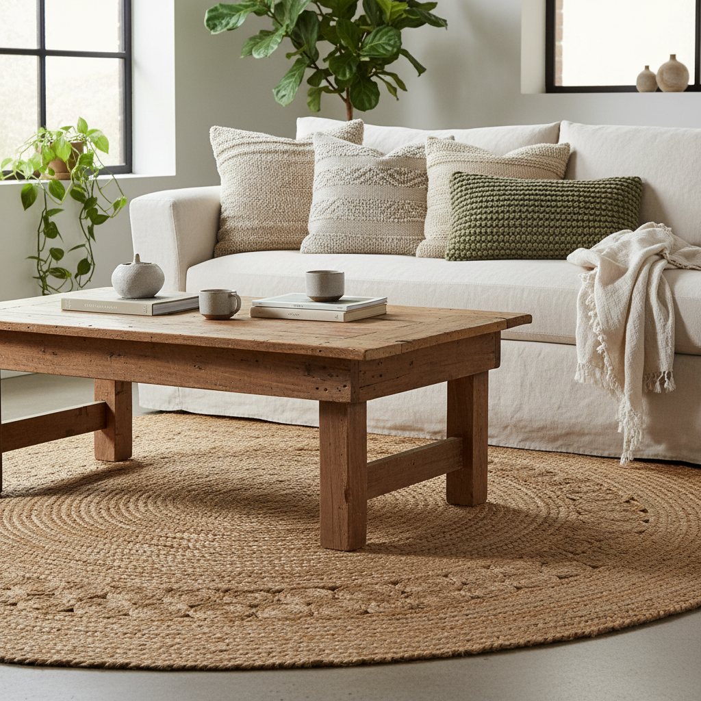 Living room detail showing jute rug linen upholstery and weathered wood coffee table