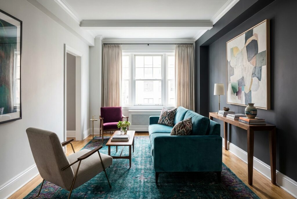 A sofa floating in middle of narrow room creating clear walking path behind
