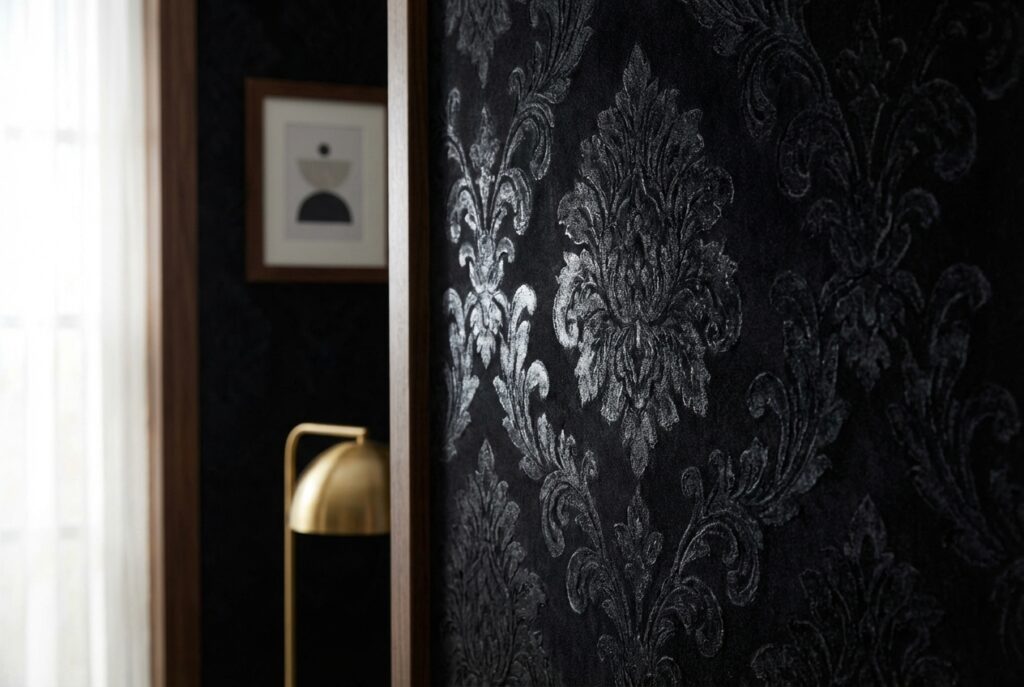 Close-up of black flocked wallpaper with raised velvet texture in traditional pattern.