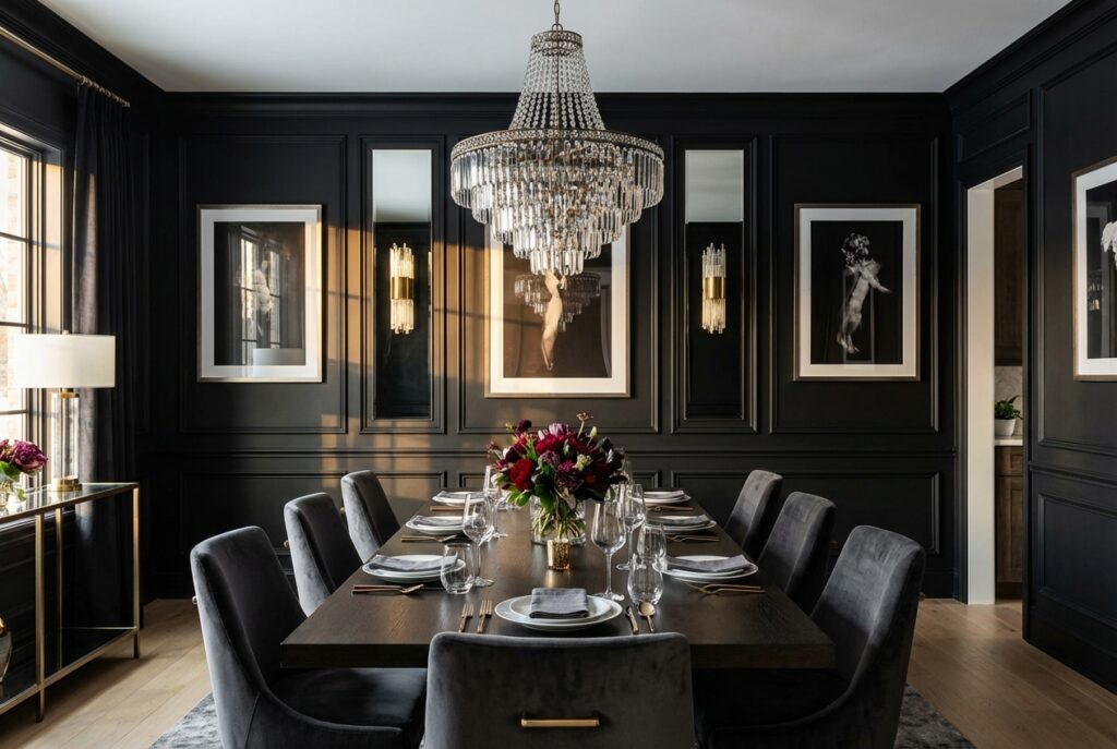 Dining room with black shadow-box paneling, crystal chandelier, and wooden dining table.