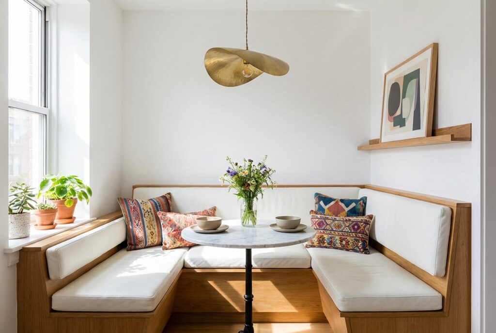 Custom L-shaped banquette with white cushions maximizing compact dining space seating