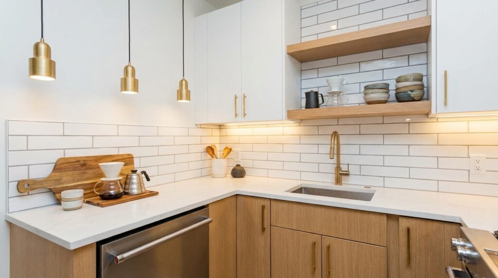 Bright modern kitchen transformation with high-end finishes and warm lighting showcasing custom look