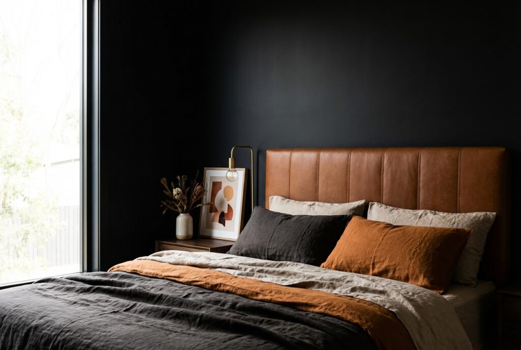 Close-up of matte black bedroom wall with cognac leather headboard and cream linen bedding.